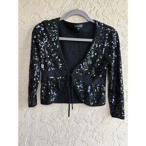 Bebe 100% Black Sequin Silk Open Cropped Women's Jacket / Cardigan Size Medium